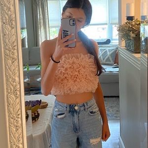 Zara Crop Knit Top With Tulle in Pale Pink
